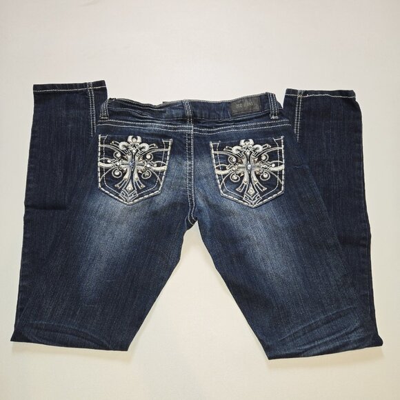 ZCO Womens Embellished Dark Denim Jeans 3 Rhinestone 26 X 30 Stretchy Straight - Picture 1 of 8